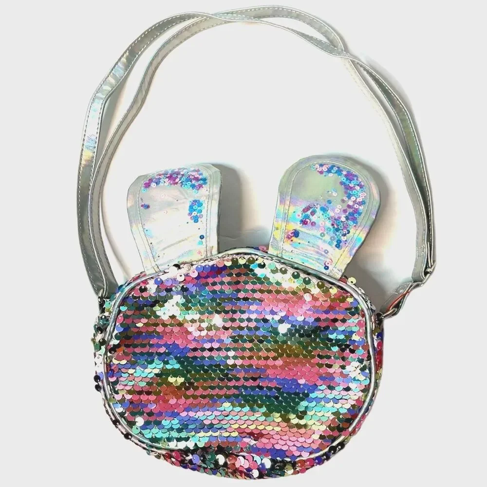 Cat & Jack Girl Easter Bunny Silver Colorful Flip Sequin Crossbody Bag Purse New